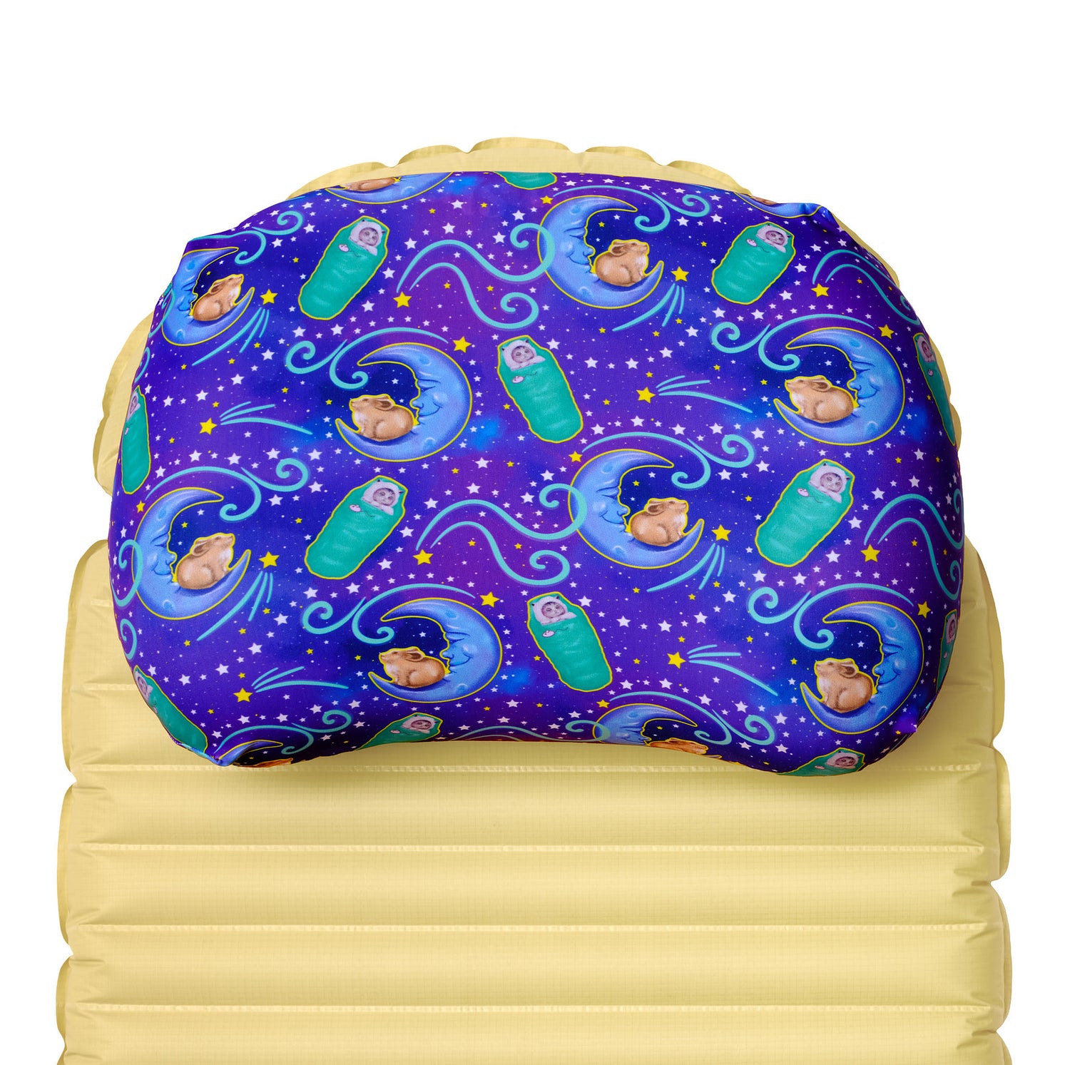 Ultralight backpacking pillow strap securing a camp pillow to a sleeping pad