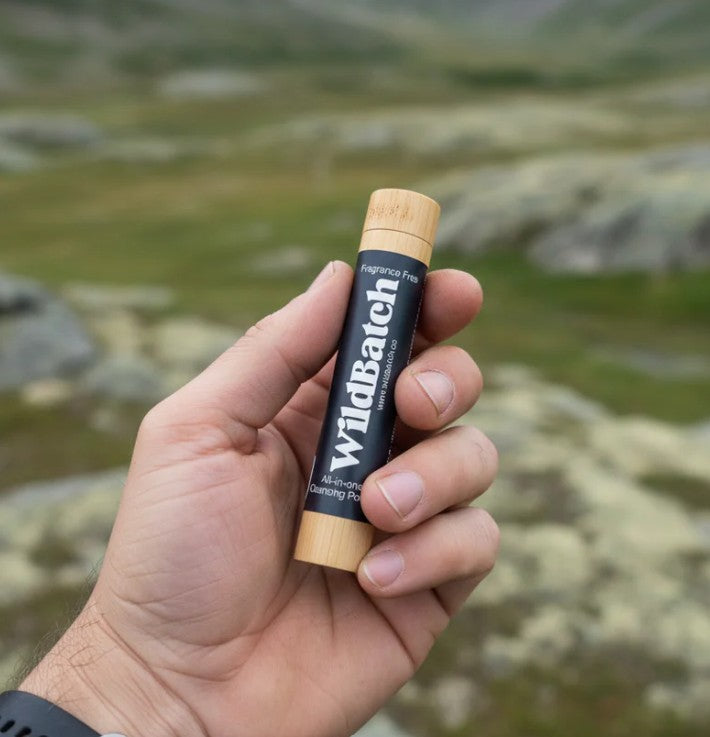 Natural outdoor cleansing powder designed for backpacking, hiking, camping, and travel hygiene