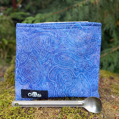 A blue insulated food cozy with a topographic map design.  