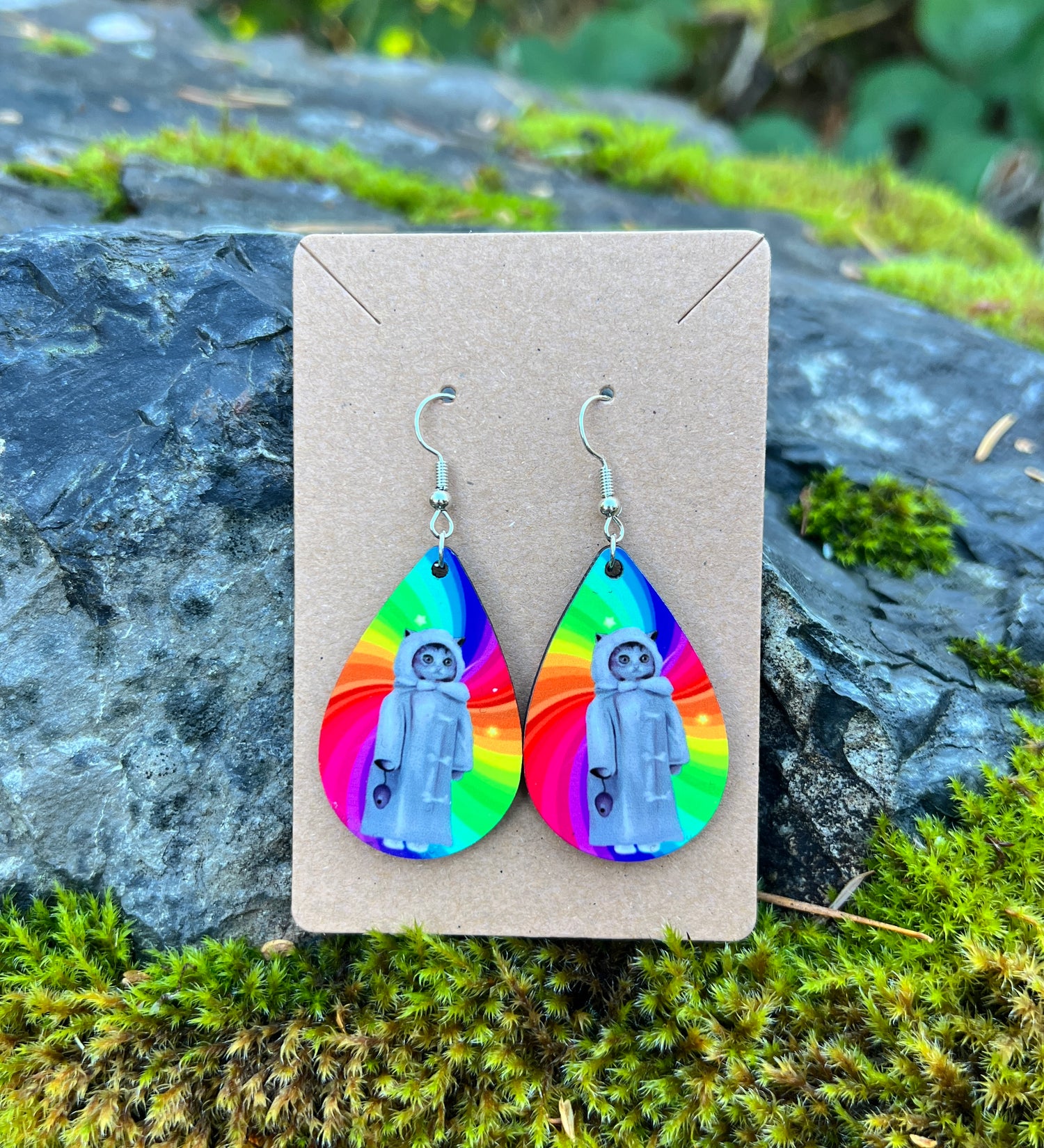 Rainbow Creepy Cat Earrings