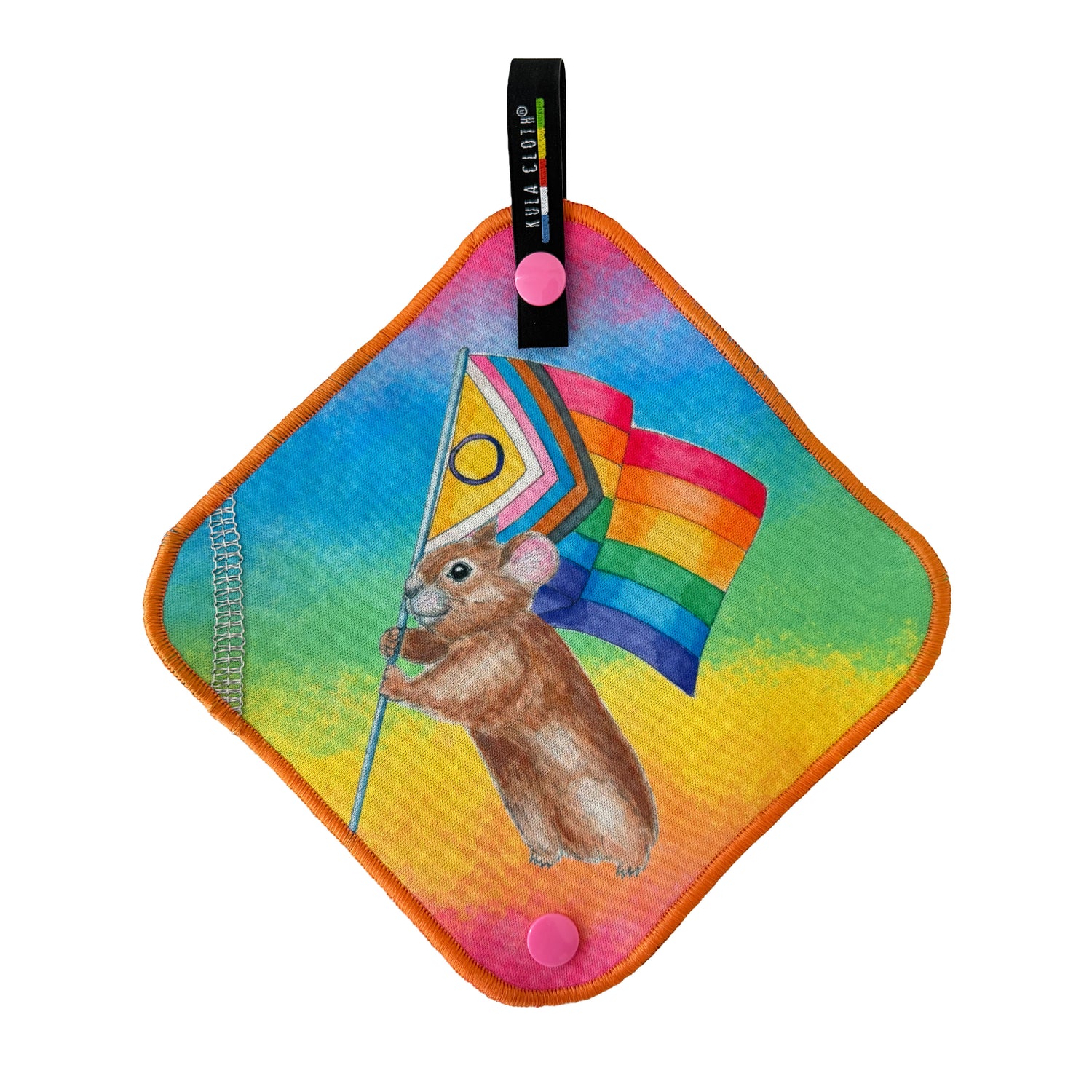 Pride Pika Kula Cloth featuring a cute alpine pika holding a rainbow pride flag on reusable outdoor hygiene cloth